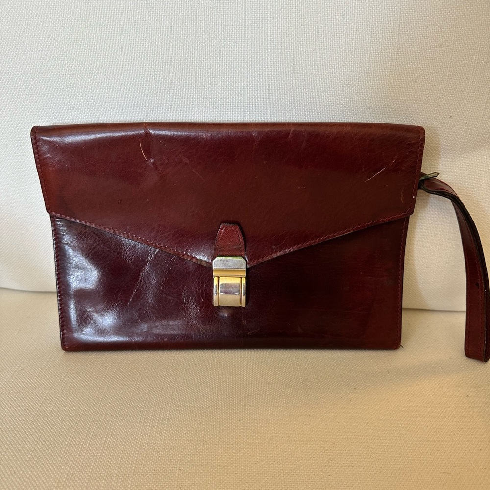 Elegant Burgundy Brown Leather Clutch Wristlet Vintage